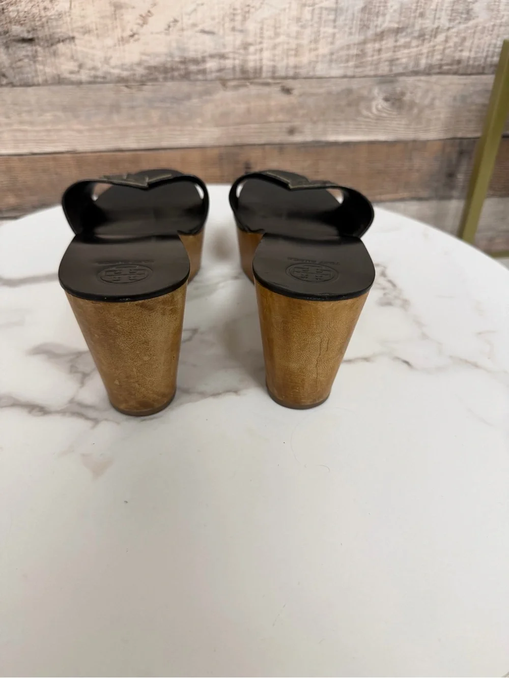 Tory Burch Black Leather Wooden Wedge Sandals